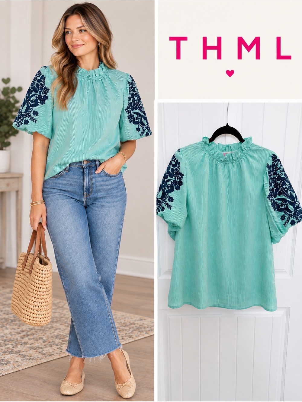 THML Aqua & White Striped Top with Navy Embroidered Puff Sleeves